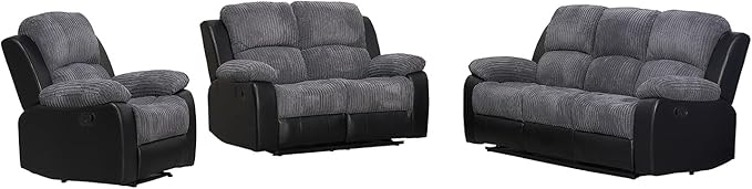 Roma | Cord | 3+2+1 Sofas | Recliner Sofa With Cupholders | Grey/Black | FREE DELIVERY
