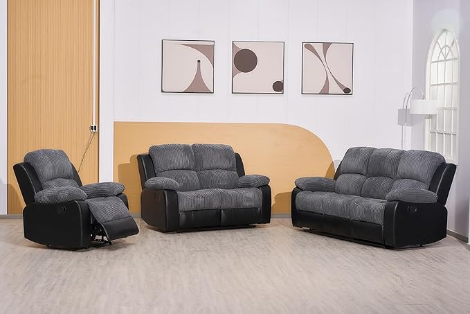 Roma | Cord | 3+2+1 Sofas | Recliner Sofa With Cupholders | Grey/Black | FREE DELIVERY