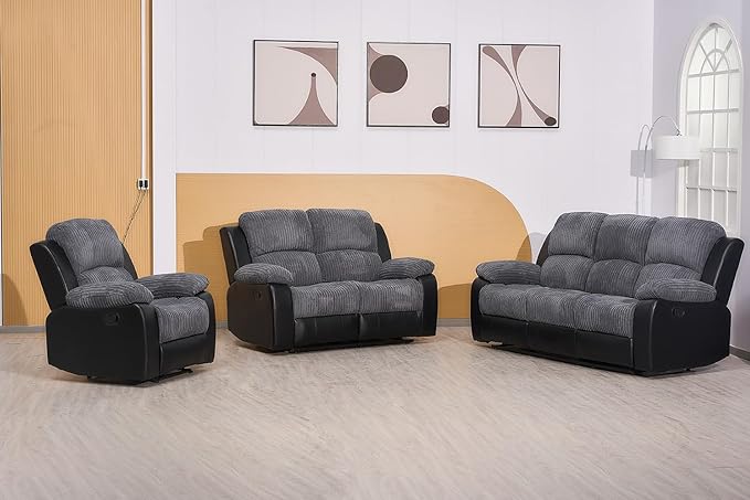 Roma | Cord | 3+2+1 Sofas | Recliner Sofa With Cupholders | Grey/Black | FREE DELIVERY