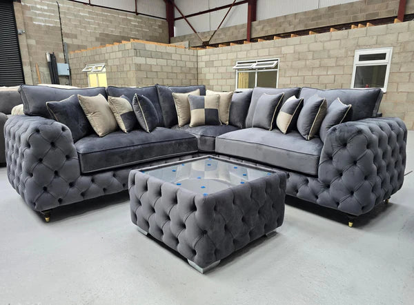 Ashton Chesterfield Corner Sofa - Steel Plush Fabric - IQ Sofas