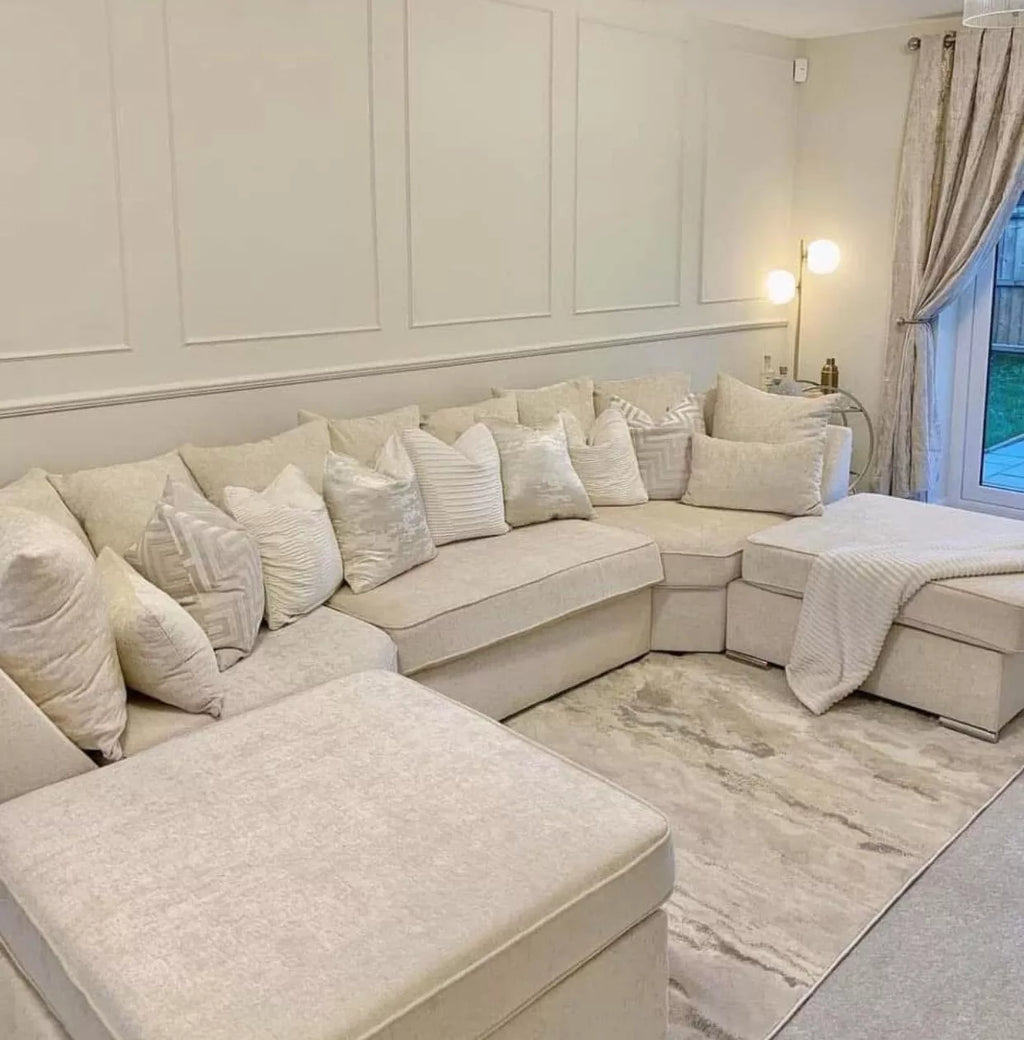 Bishop U-Shape Corner Sofa in Cream Teddy Fabric - Large Sectional for Living Room