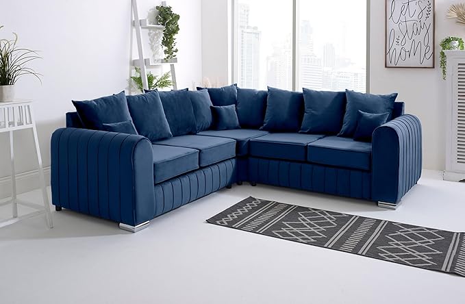 Lilly Navy Blue Plush Velvet Corner Sofa - Modern Scatterback Design with Vertical Detailing