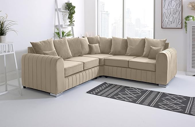 Close-up of Lilly Sofa Arms showing Vertical Line Stitching and Navy Plush Velvet Texture
