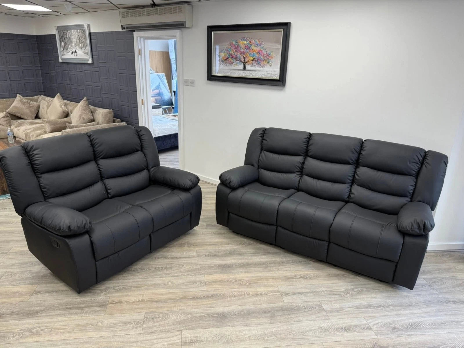 Roma 3+2 Leather Recliner Sofa Set in Black with Cup Holders