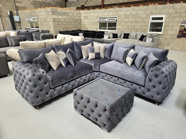 Ashton Chesterfield Corner Sofa - Steel Plush Fabric