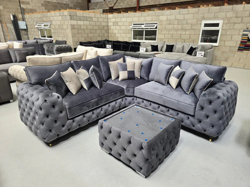 Ashton Chesterfield Corner Sofa - Steel Plush Fabric