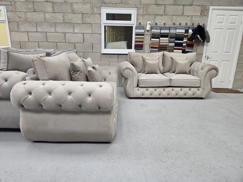3+2 Rio Chesterfield Handmade Sofa Set – New Coffee Plush Fabric