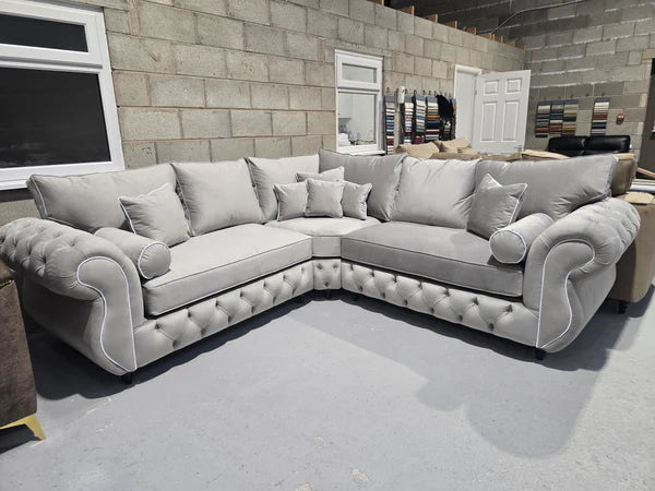 Rio Chesterfield Corner Sofa – Silver Plush Fabric with White Trims