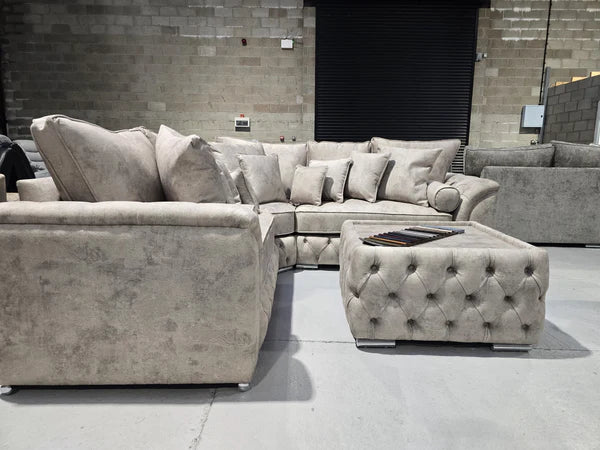 Malibu Chesterfield Corner Sofa – Stone Daytona Fabric with Silver Trims