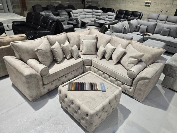 Malibu Chesterfield Corner Sofa – Stone Daytona Fabric with Silver Trims