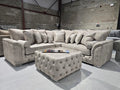 Malibu Chesterfield Corner Sofa in Stone Daytona Fabric with Elegant Silver Trims