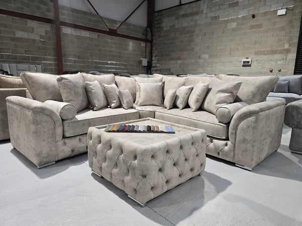 Malibu Chesterfield Corner Sofa in Stone Daytona Fabric with Elegant Silver Trims