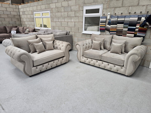 Rio Chesterfield 3 and 2 seater sofa set in New Coffee Plush fabric by IQ Sofas