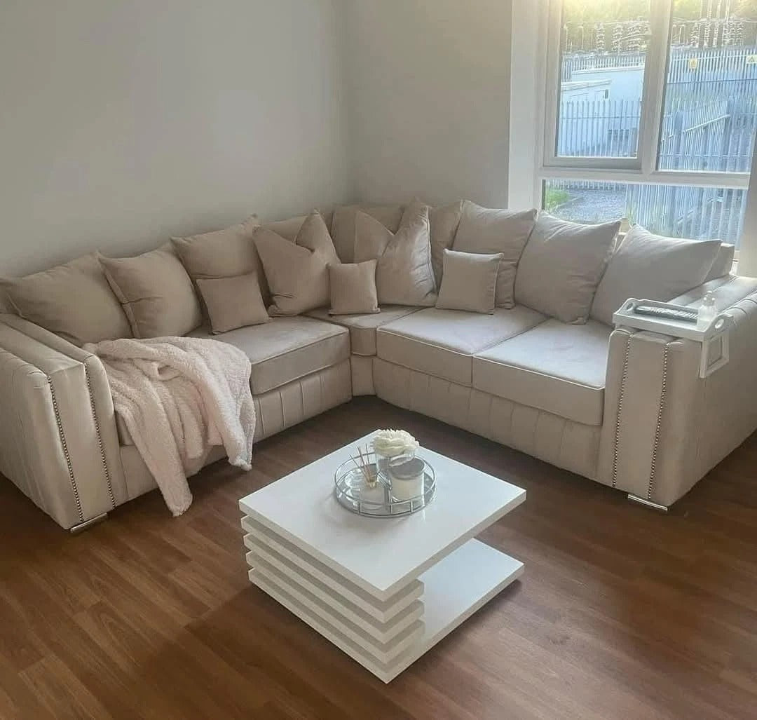 Special Offer – Luxury Layla Corner Sofa | Grey & Cream Plush | 2C2 | FREE DELIVERY