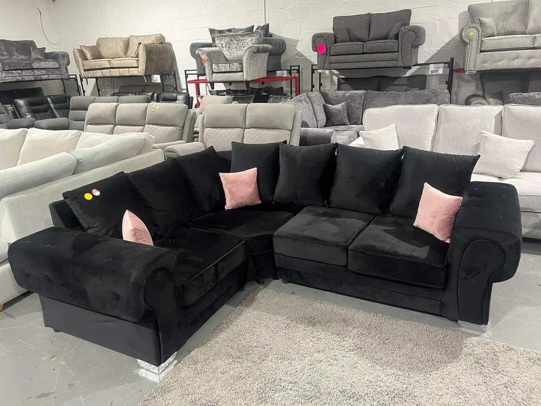 Special Offer – Luxury Verona Corner Sofa | Black Plush | 1C2 | FREE DELIVERY