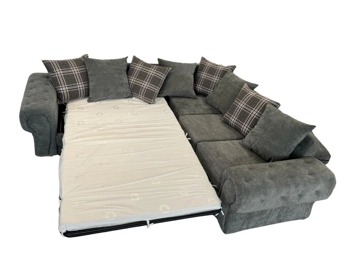 Grey Corner Sofa Bed with Mattress Fernando |Chesterfield |Scatter Back Cushions