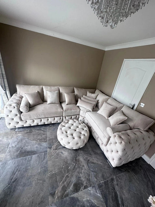 Close-up of Deep Button-Tufted Detailing and Rolled Arms on Ashton Silver Sofa