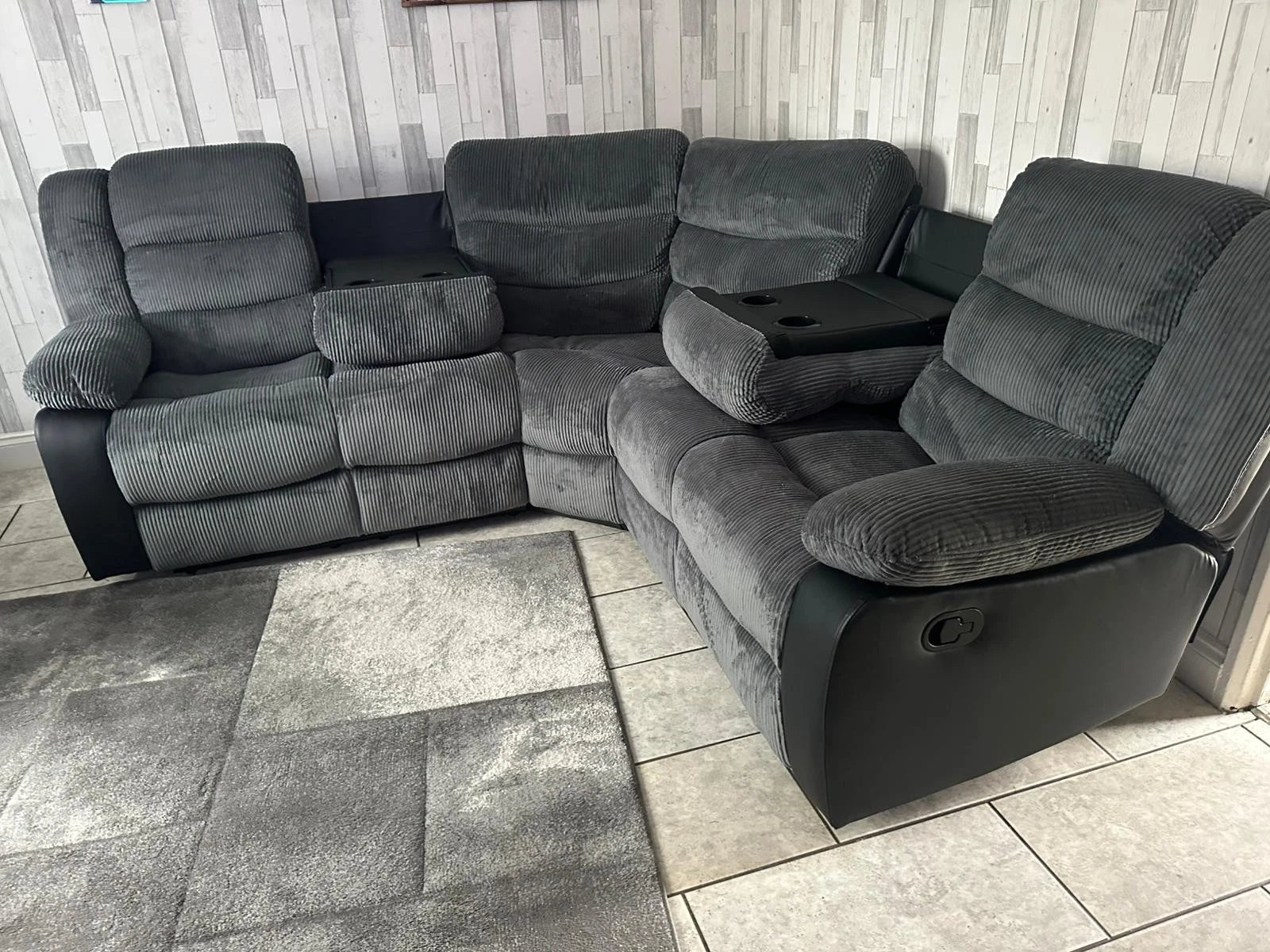 Roma | Cord | Corner | Recliner Sofa With Cupholders | Grey/Black | FREE DELIVERY
