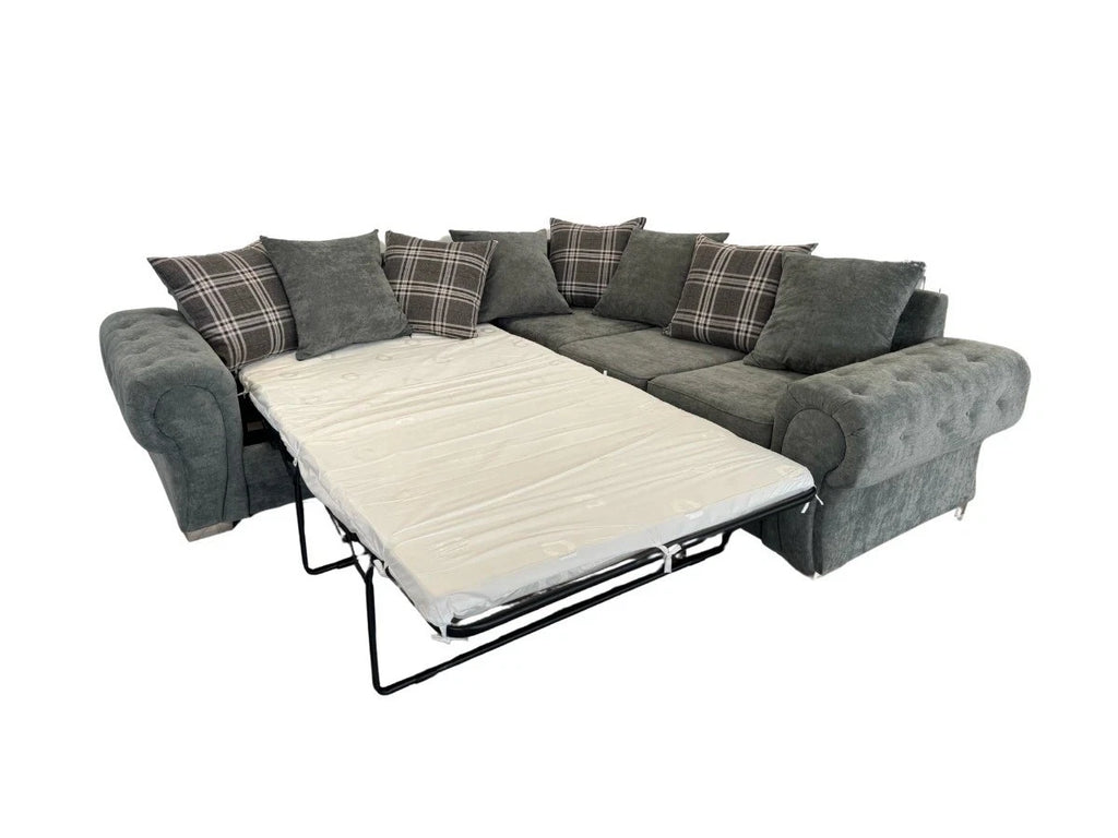 Grey Corner Sofa Bed with Mattress Fernando |Chesterfield |Scatter Back Cushions