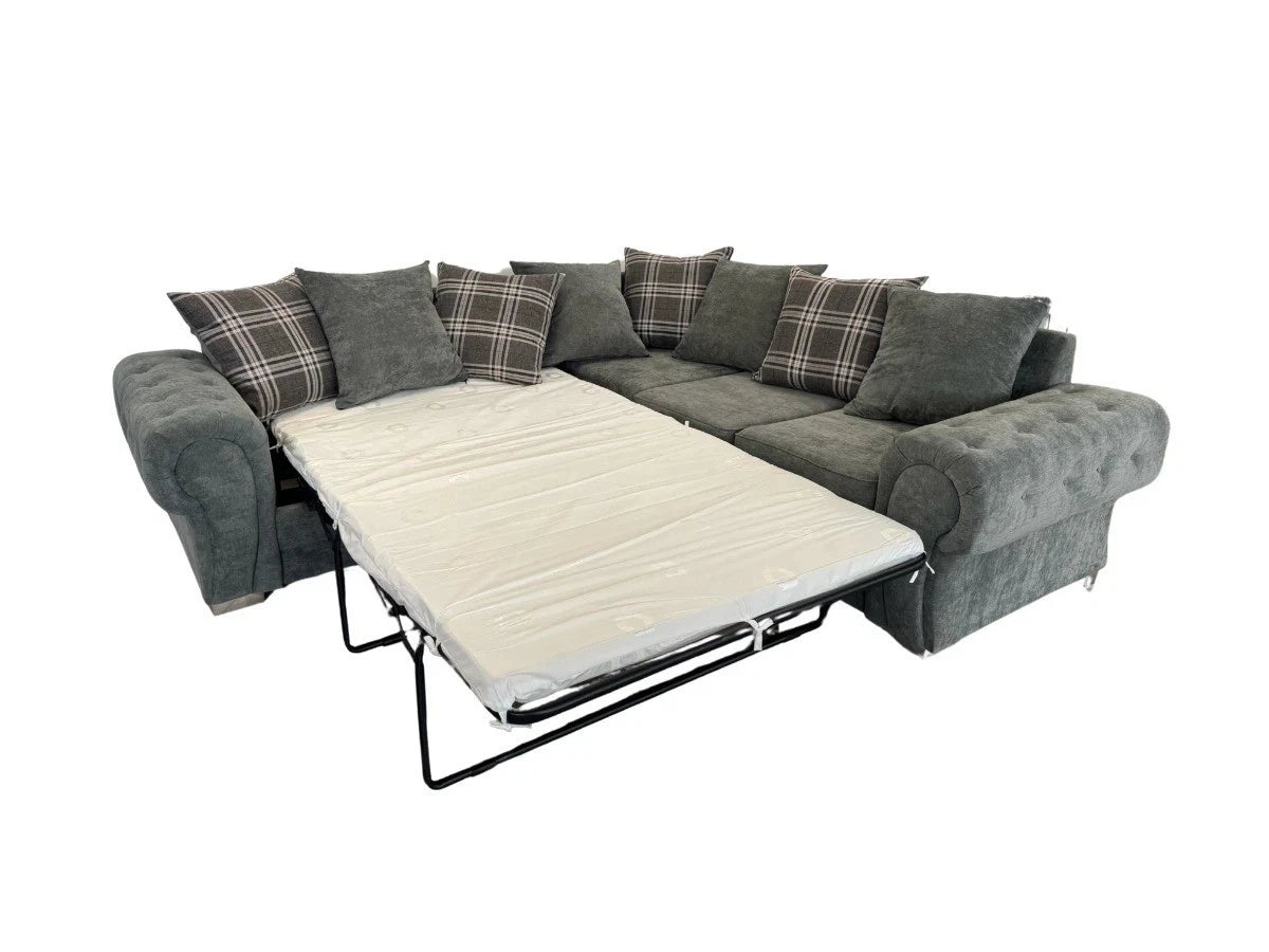 Grey Corner Sofa Bed with Mattress Fernando |Chesterfield |Scatter Back Cushions